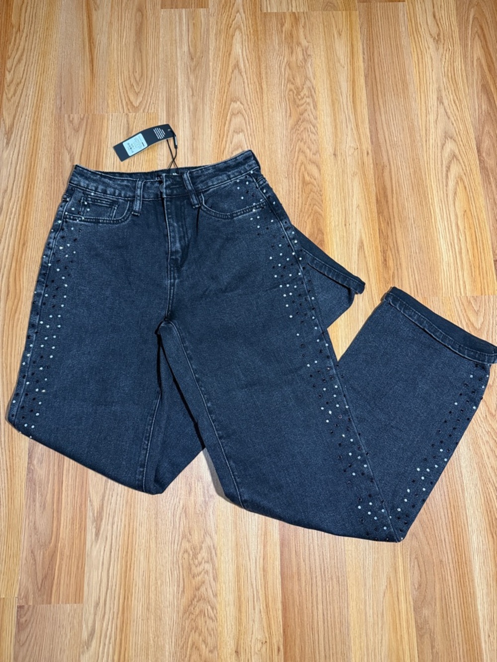 Fashion Nova Black Stud-Trim Straight Leg Jeans